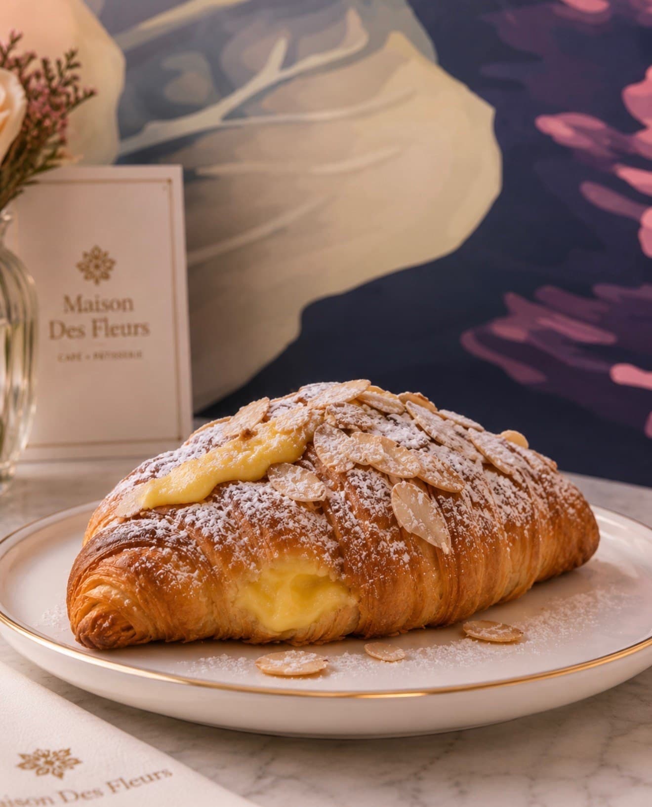 An almond croissant dusted with powdered sugar on a Maison des Fleurs plate