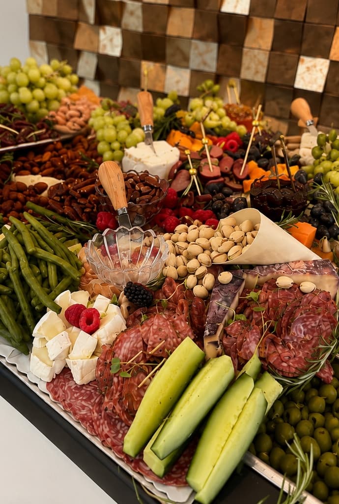 A lavish Maison grazing table with cheeses, cured meats, fresh fruit, and vegetables