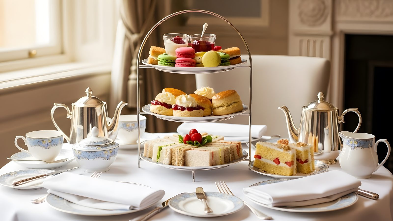 An elegant tea service set for two — silver pots, tiered pastries, and porcelain cups